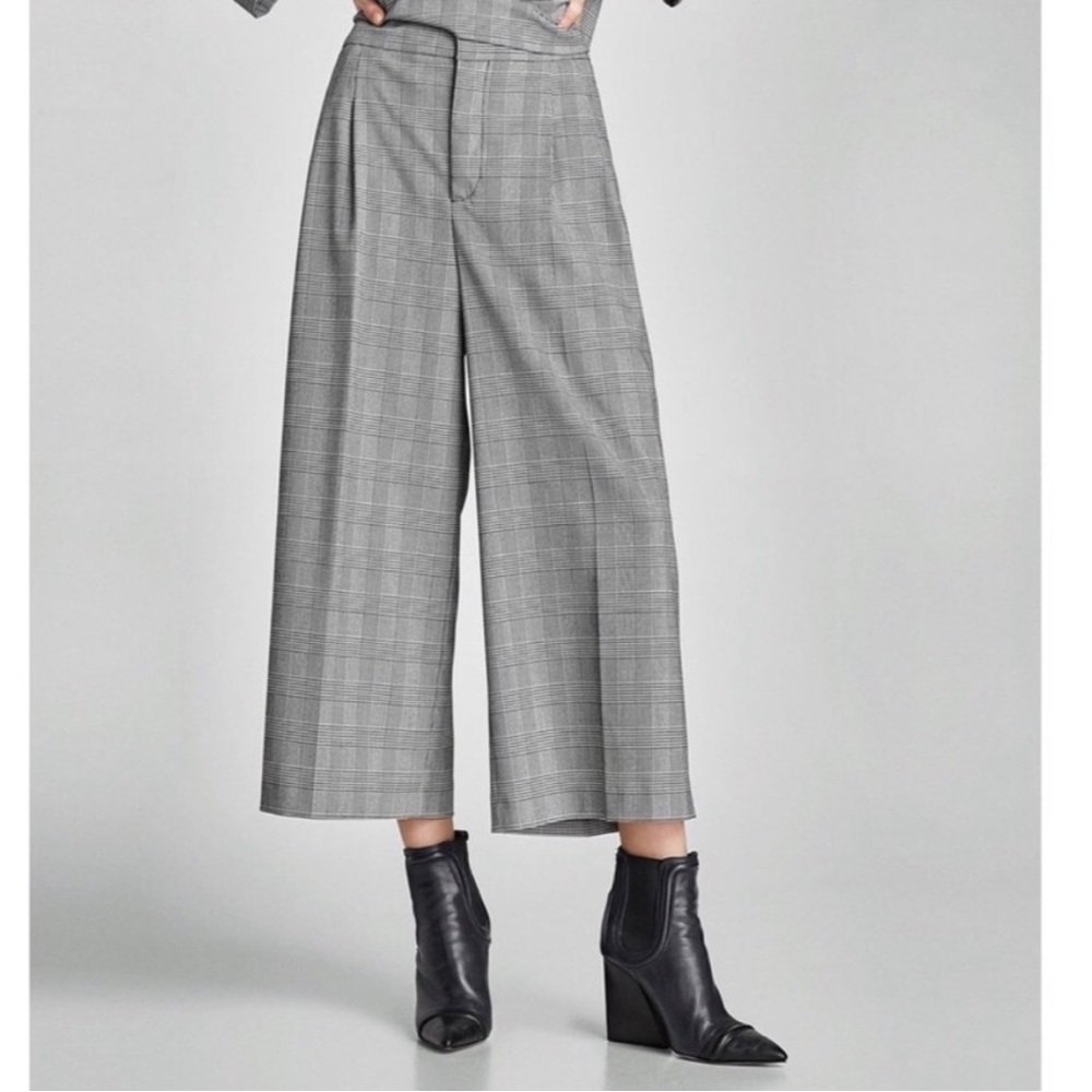ZARA Plaid Wide Leg Tailored Culottes Trousers